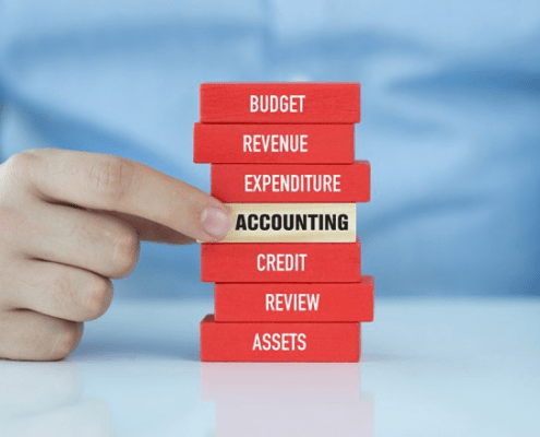 Stack of blocks with budget, revenue, expenditure, accounting, credit, review & assets - accounting is highlighted